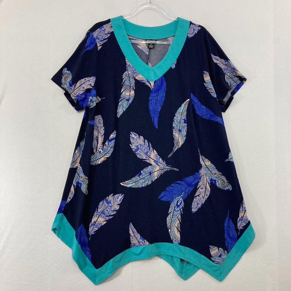 Evans Tunic size 20 Navy Feather Novelty Asymmetric Stretch Short Sleeve Casual